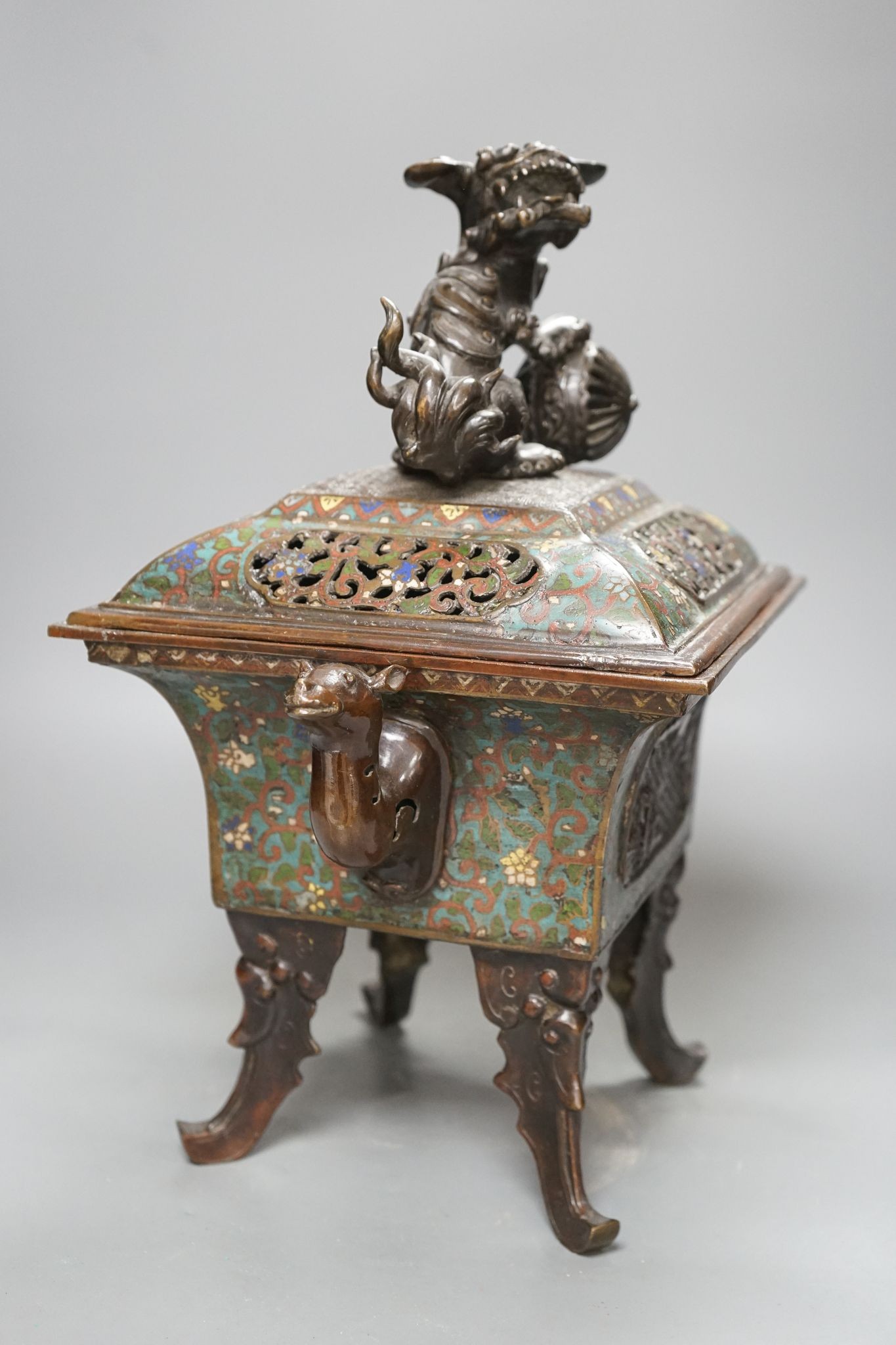 A large 19th century Japanese bronze and champleve enamel censer and cover, 40cm